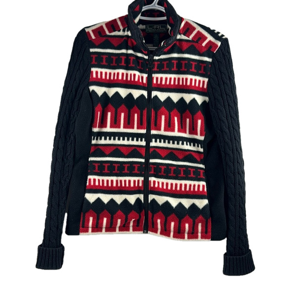 L-R-L Lauren Active Ralph Lauren Fleece Full Zip Sweater with Knit Sleeves - Picture 1 of 13